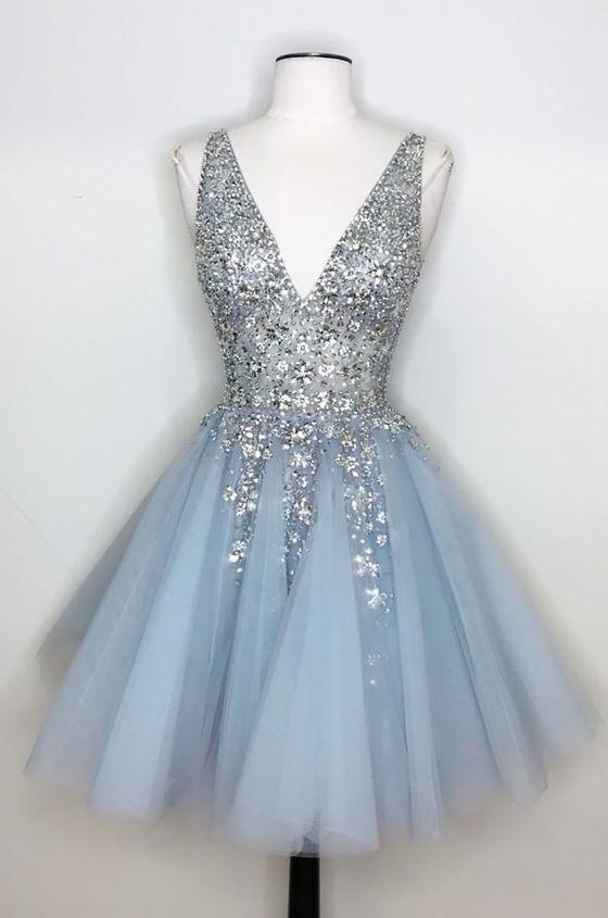 Princess Silver Sequins And Light Sky Blue Short Corset Homecoming Dress outfit, Ball Gown