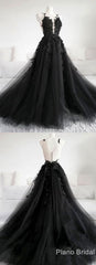Black Tulle Applique Long Corset Prom Dress, Black Evening Dress outfit, Prom Dress Gold