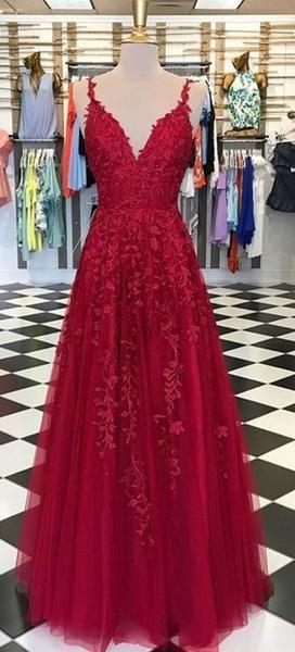 Red Appliques Lace Long A Line Tulle Corset Prom Dresses outfit, Prom Dresses Black Girls
