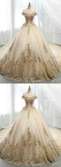 Champagne Corset Ball Gown Tulle Gold Lace Appliques Corset Wedding Dress outfit, Wedding Dresses Lace