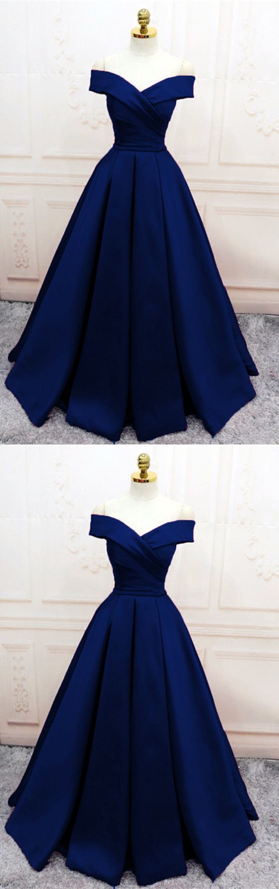 Navy Blue Satin V Neck Off Shoulder Corset Prom Dresses, Long Evening Gowns outfit, Prom Dresses Long Navy