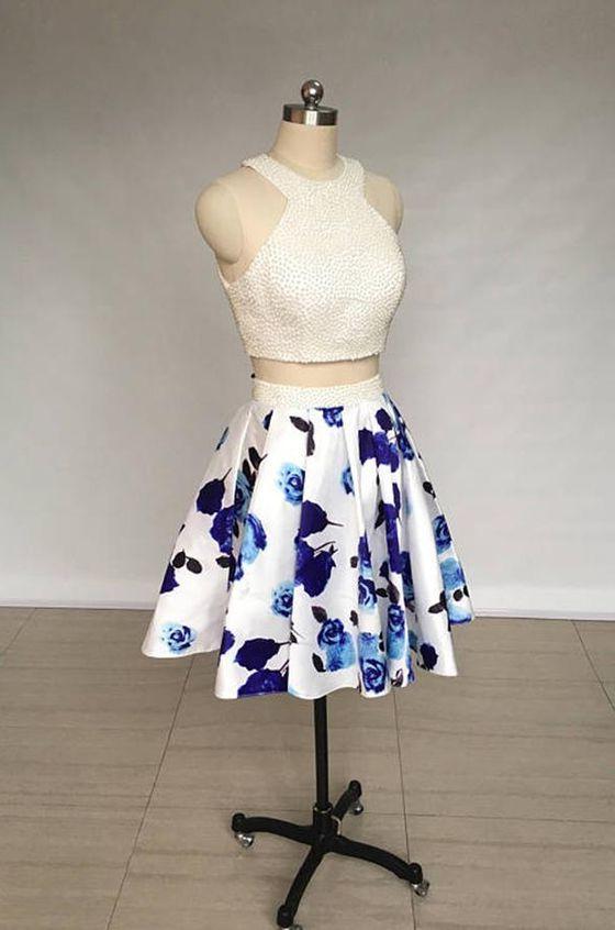 Two Piece Ivory Jewel Floral Print Satin Short Corset Homecoming Dress With Pearls Gowns, Prom Dresses For Kids