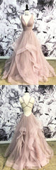 Champagne V Neck Tulle Long Corset Prom Dress, Tulle Evening Dress outfit, Graduation Dress
