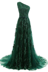A Line One Shoulder Sweep Train Dark Green Tulle Corset Prom Dress With Appliques Beading outfit, Prom Dresses For 33 Year Olds