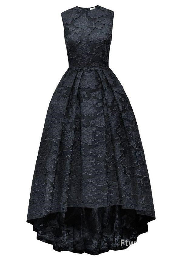 black lace round neck high low sleeveless a line long Corset Prom dress evening dresses outfit, Party Dresses Style