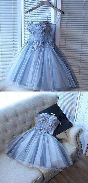 A Line Sweetheart Spaghetti Straps Tulle Corset Homecoming Dresses With Appliques Gowns, Wedding Shoes