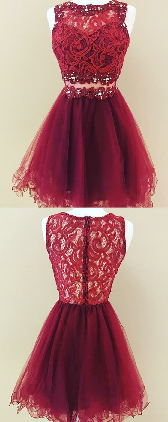 A Line Jewel Short Burgundy Tulle Corset Homecoming Dress With Lace Sequins Gowns, Quinceanera Dress