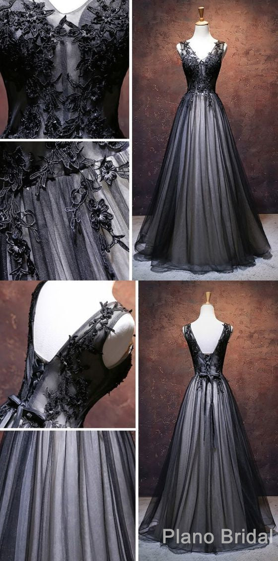 Chic A Line V Neck Floor Length Tulle Black Applique Long Corset Prom Dress, Evening Dress outfit, Black Prom Dress