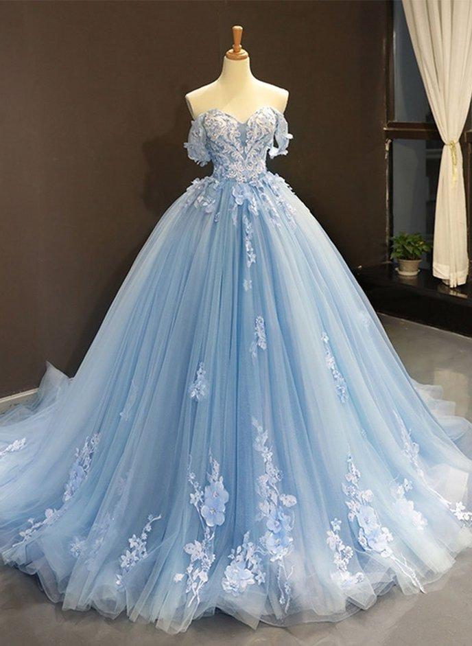 Blue Tulle Lace Long Corset Prom Gown Blue Evening Dress outfit, Prom Dress Two Piece