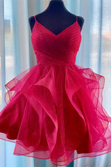 Princess Red with Ruffles Short 2024 Corset Homecoming Dresses outfit, Formal Dress With Sleeves