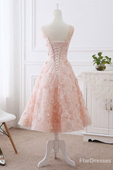 pink lace round neck tea length Corset Prom dress lace evening dress outfit, Party Dresses Sales