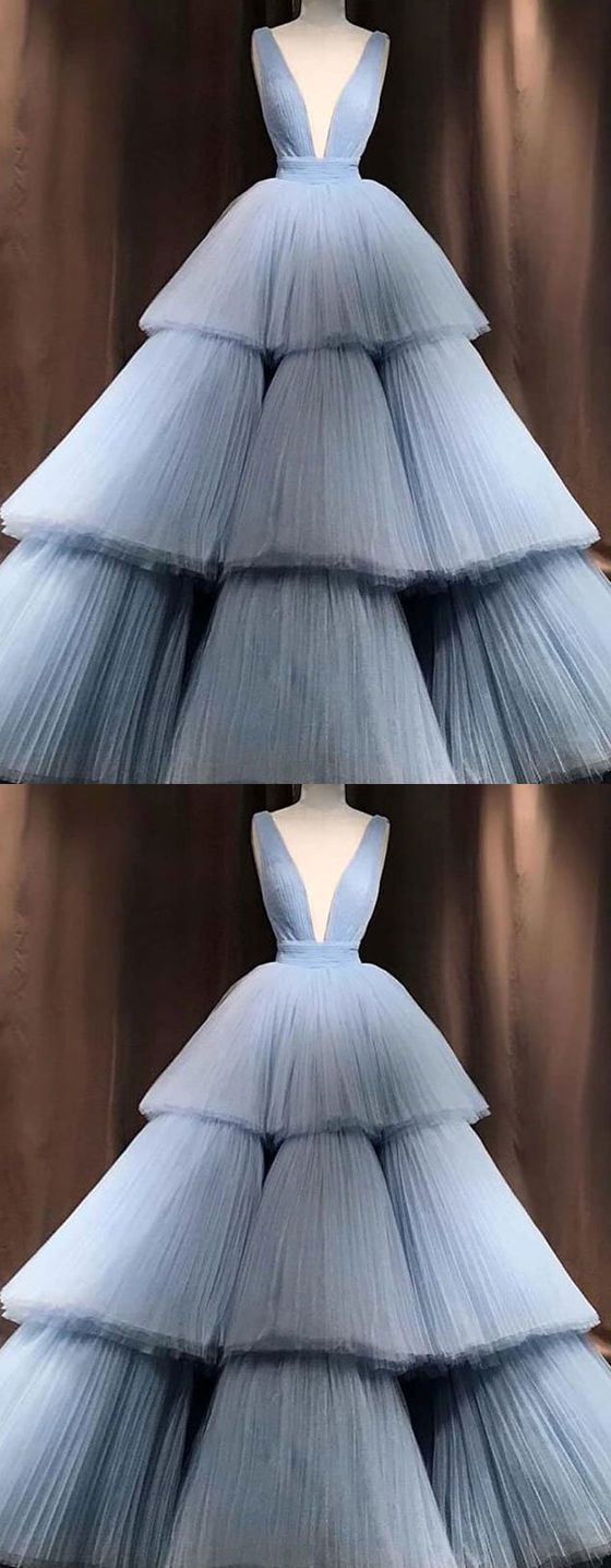 Blue V Neck Tulle Long Corset Prom Dress, Blue Tulle Evening Dress outfit, Black Dress