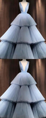Blue V Neck Tulle Long Corset Prom Dress, Blue Tulle Evening Dress outfit, Black Dress