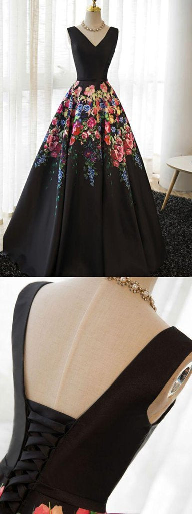 Black Satin Floral Prints Sleeveless Lace Up Back Corset Prom Dresses outfit, Prom Dresses Burgundy