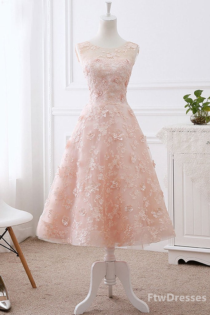 pink lace round neck tea length Corset Prom dress lace evening dress outfit, Party Dresses Near Me
