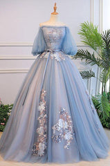 Unique Blue Tulle Lace Long Corset Prom Dress, Blue Evening Dress outfit, Bridesmaid Dress