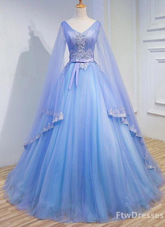 light blue tulle v neck long sleeve lace applique Corset Prom dress for teen outfits, Party Dress Shops Near Me