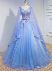 light blue tulle v neck long sleeve lace applique Corset Prom dress for teen outfits, Party Dress Shops Near Me