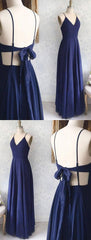 Great Evening Dresses, Backless Sexy Spaghetti Straps Backless Navy Blue Chiffon A Line Floor Length Corset Prom Dress outfits, Prom Dresses Blushes
