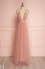 Deep V Neck Corset Prom Dress, Blush Pink Floor Length Tulle Corset Wedding Party Dress, Spaghetti Straps Gowns, Wedding Dress Styles