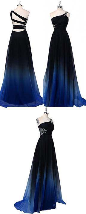 Ombre A Line One Shoulder Beading Chiffon Corset Prom Dress, Gradient Corset Formal Dress outfit, Prom Dresses Dark Blue