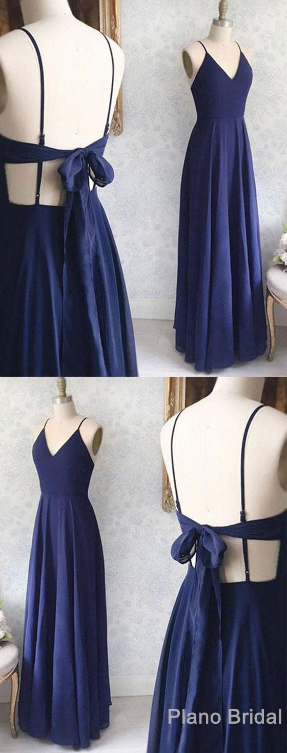 Great Evening Dresses, Backless Sexy Spaghetti Straps Backless Navy Blue Chiffon A Line Floor Length Corset Prom Dress outfits, Prom Dress Blush