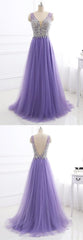 Purple Tulle V Neck Silver Beaded Long Evening Dress, Purple Halter Corset Prom Dress outfits, Prom Dresses Light Blue