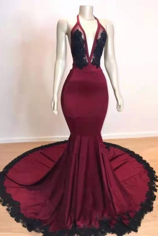 Burgundy Halter Deep V Neck Mermaid Corset Prom Dress with Lace, Long Evening Gown outfits, Party Dress Jumpsuit