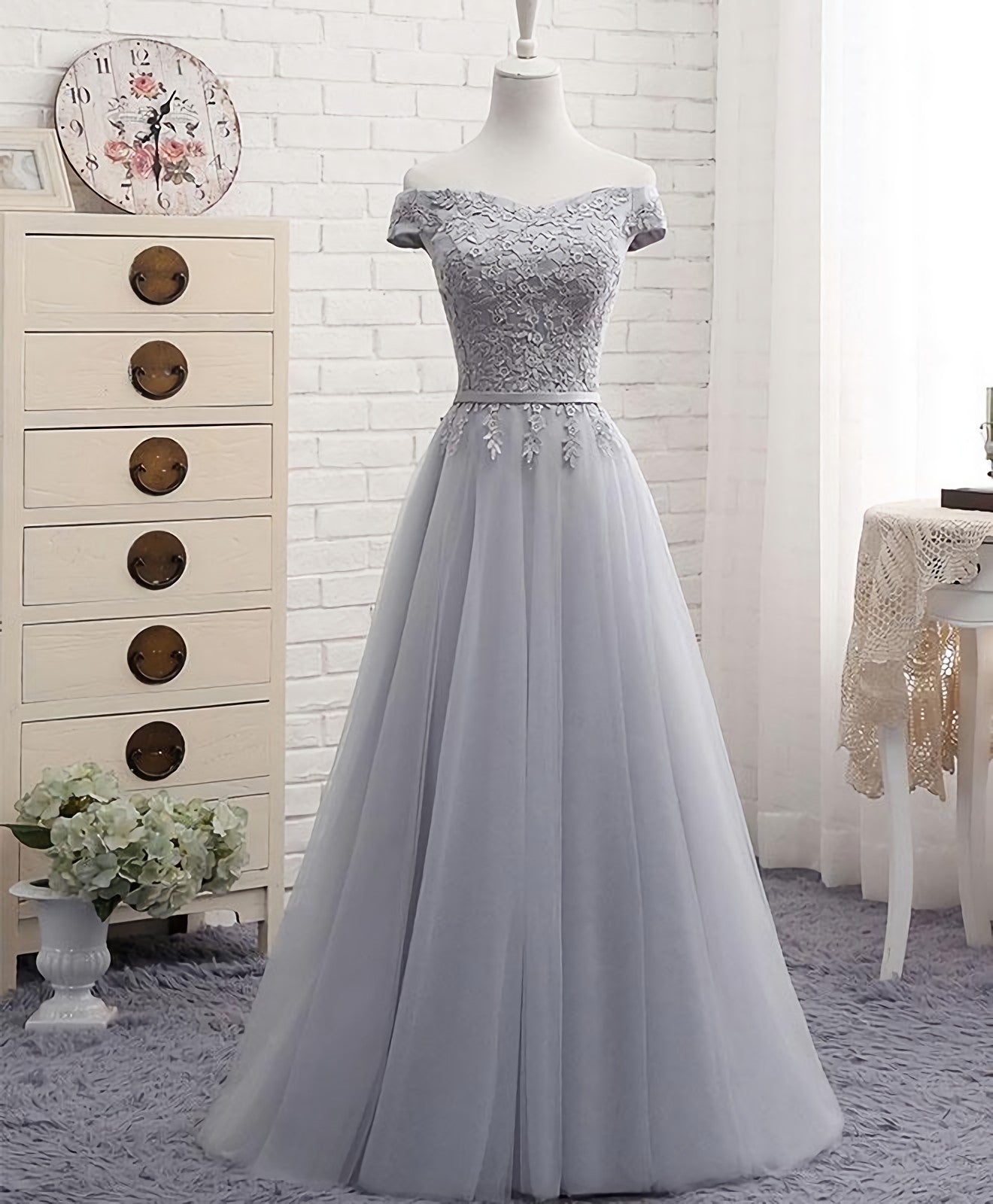 Gray A Line Lace Off Shoulder Corset Prom Dress, Lace Evening Dresses outfit, Evening Dresses Dresses