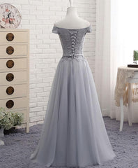 Gray A Line Lace Off Shoulder Corset Prom Dress, Lace Evening Dresses outfit, Evening Dress Dresses