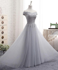 Gray A Line Lace Off Shoulder Corset Prom Dress, Lace Evening Dresses outfit, Evening Dress Yde