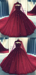 Glam Corset Ball Gown Quinceanera Dress Lace Applique Beaded Cape, Wine Red Corset Formal Dress Party Gowns Outfits, Bridesmaids Dresses Formal