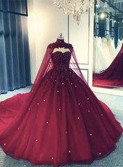 Glam Corset Ball Gown Quinceanera Dress Lace Applique Beaded Cape, Wine Red Corset Formal Dress Party Gowns Outfits, Bridesmaid Dress Formal