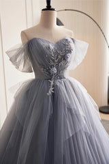 Glam Blue-Grey Tulle with Lace Applique Long Party Dress, Tulle Corset Formal Dress Evening Gown outfits, Prom Theme