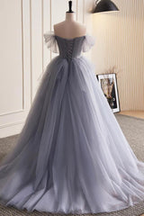 Glam Blue-Grey Tulle with Lace Applique Long Party Dress, Tulle Corset Formal Dress Evening Gown outfits, Pretty Dress