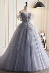 Glam Blue-Grey Tulle with Lace Applique Long Party Dress, Tulle Corset Formal Dress Evening Gown outfits, Fancy Dress