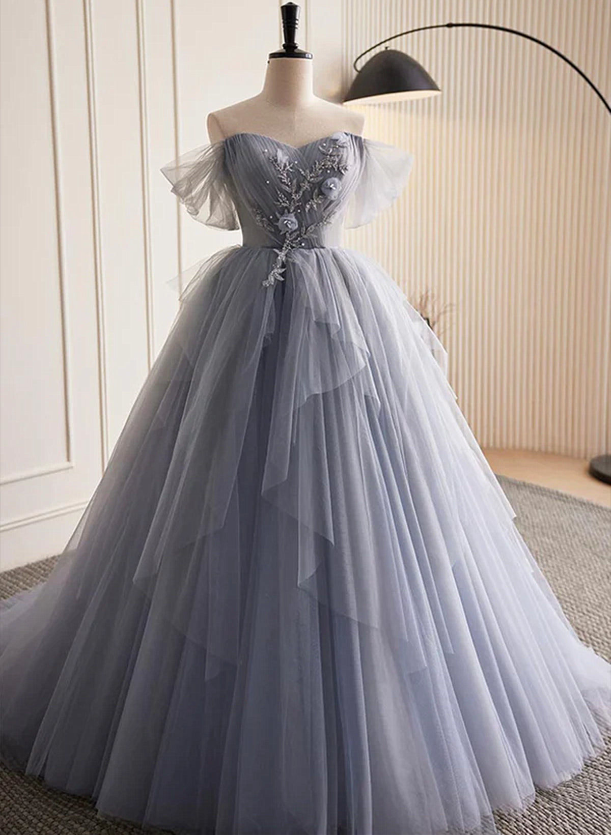 Glam Blue-Grey Tulle with Lace Applique Long Party Dress, Tulle Corset Formal Dress Evening Gown outfits, Vintage Prom Dress