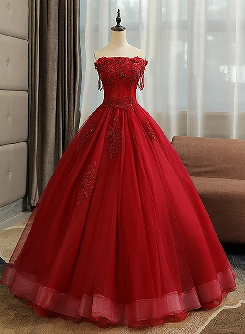 Glam Wine Red Quinceanera Dress Party Dress, Tulle Long Embroidered with Flowers Corset Formal Dress outfit, Homecoming Dress Idea