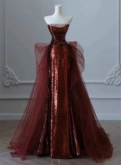Glam Wine Red Sequins And Tulle Long Party Dress, Wine Red Evening Dress Prom Dress