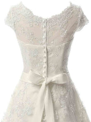 Glamorous Cap Sleeves Covered Button Ribbon Corset Wedding Dresses outfit, Wedsing Dresses Vintage