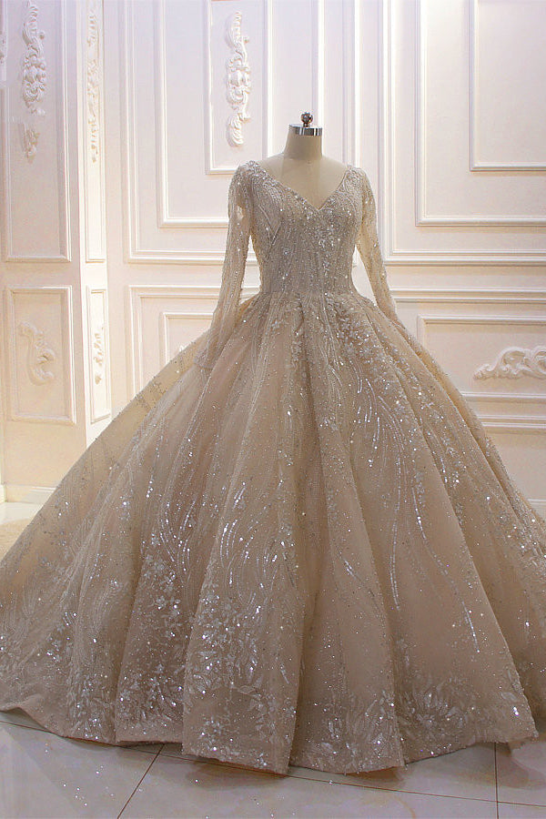 Glamorous Long Sleeve V-neck Sequin Beading Corset Ball Gown Corset Wedding Dress outfit, Wedding Dress Satin