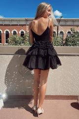 Glitter Black Tiered Spaghetti Straps Short Corset Homecoming Dress outfit, Glitter Black Tiered Spaghetti Straps Short Homecoming Dress