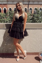 Glitter Black Tiered Spaghetti Straps Short Corset Homecoming Dress outfit, Glitter Black Tiered Spaghetti Straps Short Homecoming Dress