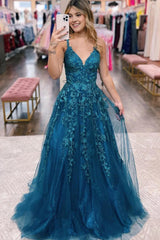 Glitter Blue Lace A-Line Long Corset Prom Dress outfits, Glitter Blue Lace A-Line Long Prom Dress