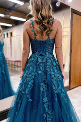 Glitter Blue Lace A-Line Long Corset Prom Dress outfits, Glitter Blue Lace A-Line Long Prom Dress