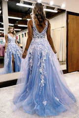 Glitter Blue Lace A-Line Long Corset Prom Dress with Flowers and Pockets Gowns, Glitter Blue Lace A-Line Long Prom Dress with Flowers and Pockets