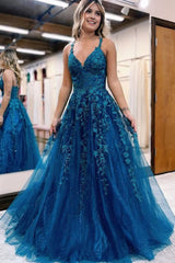 Glitter Blue Lace A-Line Long Corset Prom Dress outfits, Glitter Blue Lace A-Line Long Prom Dress