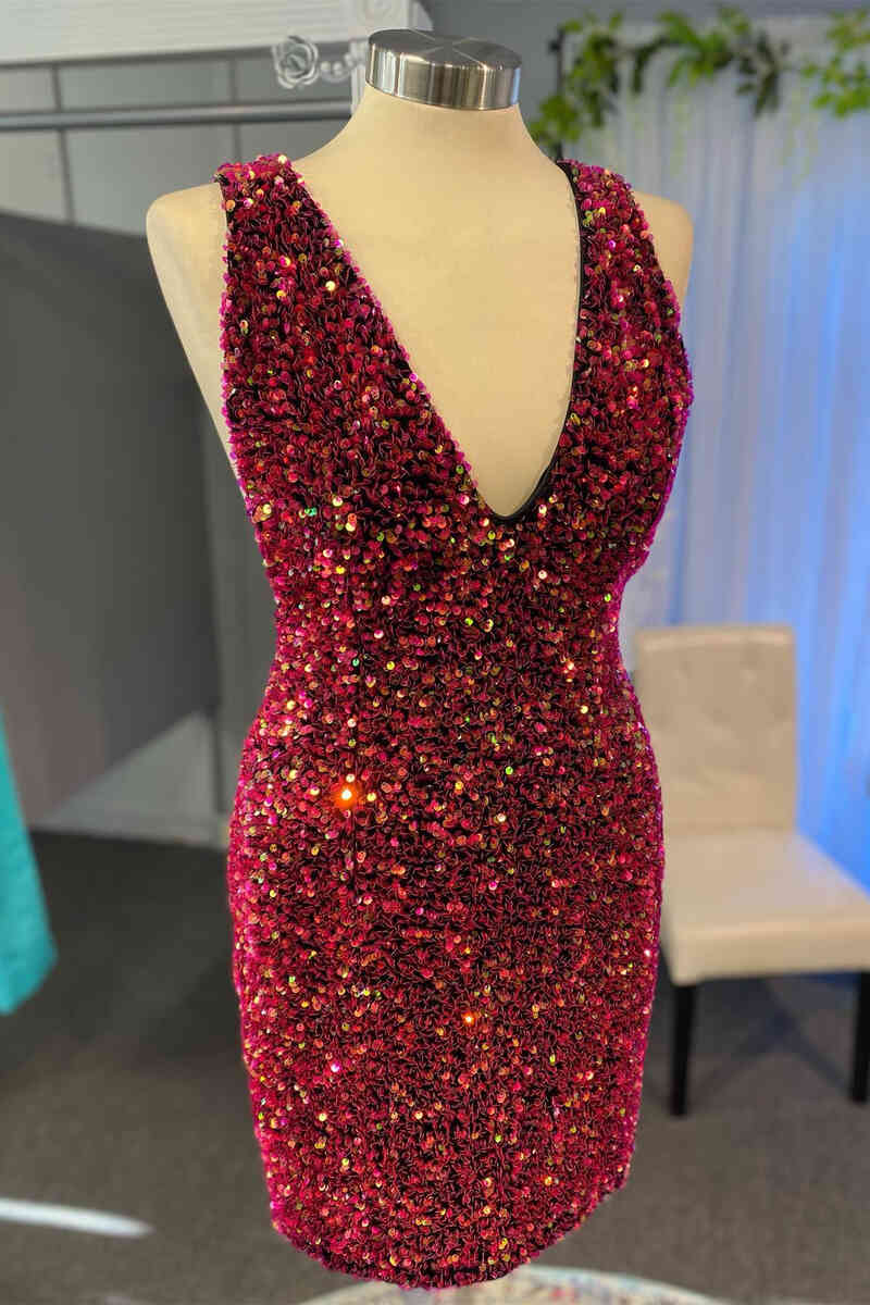 Glitter Burgundy V-Neck Sequined Bodycon Corset Homecoming Dress,graduation dresses outfit, Homecoming Dresses 26 Year Old