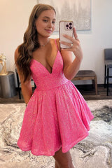 Glitter Hot Pink A-Line Short Corset Homecoming Dress with Pockets Gowns, Glitter Hot Pink A-Line Short Homecoming Dress with Pockets