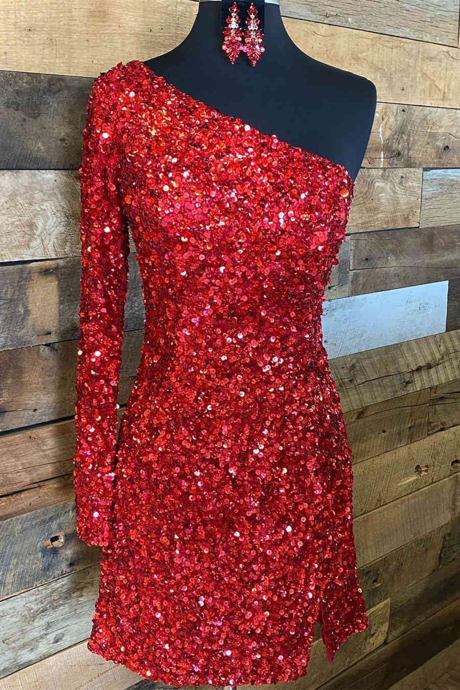 Glitter One Sleeve Red Sequined Corset Homecoming Dress,Stunning Cocktail Dresses Short Formal outfit, Homecoming Dresses Websites
